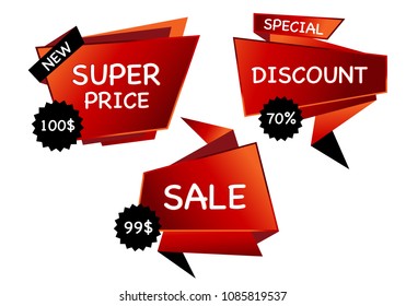 Summer sale set isolated vector banner red black gradient color on white background. Special discount label modern icon offer ribbon illustration. Sticker price off tag for flyer, poster, web 