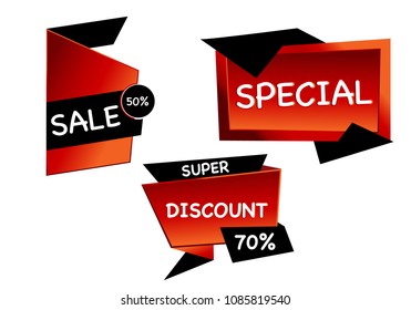 Summer sale set isolated vector banner red black gradient color on white background. Special discount label modern icon offer ribbon illustration. Sticker price off tag for flyer, poster, web 