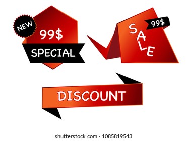 Summer sale set isolated vector banner red black gradient color on white background. Special discount label modern icon offer ribbon illustration. Sticker price off tag for flyer, poster, web 