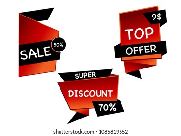 Summer sale set isolated vector banner red black gradient color on white background. Special discount label modern icon offer ribbon illustration. Sticker price off tag for flyer, poster, web 