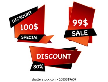Summer sale set isolated vector banner red black gradient color on white background. Special discount label modern icon offer ribbon illustration. Sticker price off tag for flyer, poster, web 