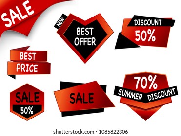 Summer sale set isolated vector ribbon red black gradient color on white background. Special discount banner modern icon offer label illustration. Sticker price off tag for flyer, poster, web 