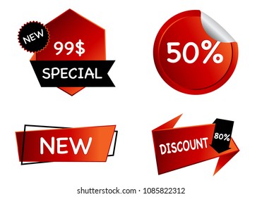 Summer sale set isolated vector ribbon red black gradient color on white background. Special discount banner modern icon offer label illustration. Sticker price off tag for flyer, poster, web 
