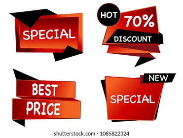 Summer sale set isolated vector ribbon red black gradient color on white background. Special discount banner modern icon offer label illustration. Sticker price off tag for flyer, poster, web 