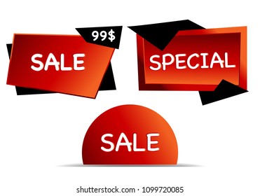 Summer sale set isolated vector ribbon red black gradient color on white background. Special discount banner modern icon offer label illustration. Sticker price off tag for flyer, poster, web