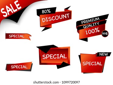 Summer sale set isolated vector ribbon red black gradient color on white background. Special discount banner modern icon offer label illustration. Sticker price off tag for flyer, poster, web
