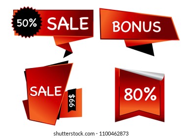 Summer sale set isolated vector ribbon red black gradient color on white background. Special discount banner modern icon offer label illustration. Sticker price off tag for flyer, poster, web
