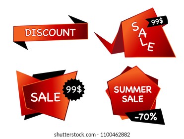 Summer sale set isolated vector ribbon red black gradient color on white background. Special discount banner modern icon offer label illustration. Sticker price off tag for flyer, poster, web