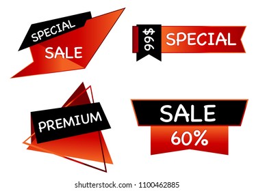 Summer sale set isolated vector ribbon red black gradient color on white background. Special discount banner modern icon offer label illustration. Sticker price off tag for flyer, poster, web