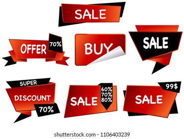Summer sale set isolated vector ribbon red black gradient color on white background. Special discount banner modern icon offer label illustration. Sticker price off tag for flyer, poster, web 
