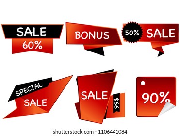 
Summer sale set isolated vector ribbon red black gradient color on white background. Special discount banner modern icon offer label illustration. Sticker price off tag for flyer, poster, web