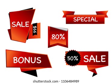 
Summer sale set isolated vector ribbon red black gradient color on white background. Special discount banner modern icon offer label illustration. Sticker price off tag for flyer, poster, web