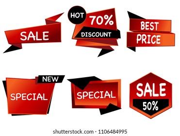 
Summer sale set isolated vector ribbon red black gradient color on white background. Special discount banner modern icon offer label illustration. Sticker price off tag for flyer, poster, web