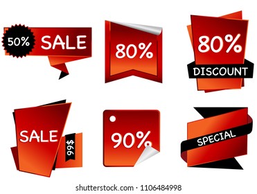 
Summer sale set isolated vector ribbon red black gradient color on white background. Special discount banner modern icon offer label illustration. Sticker price off tag for flyer, poster, web