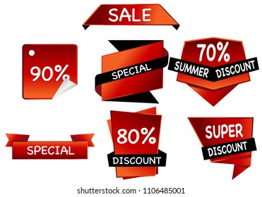 Summer sale set isolated vector ribbon red black gradient color on white background. Special discount banner modern icon offer label illustration. Sticker price off tag for flyer, poster, web 