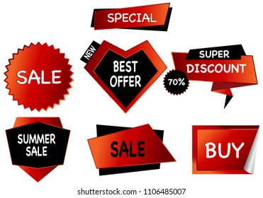 
Summer sale set isolated vector ribbon red black gradient color on white background. Special discount banner modern icon offer label illustration. Sticker price off tag for flyer, poster, web