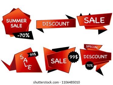 
Summer sale set isolated vector ribbon red black gradient color on white background. Special discount banner modern icon offer label illustration. Sticker price off tag for flyer, poster, web