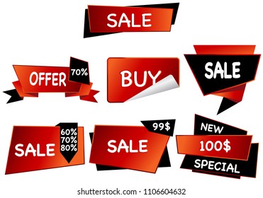 Summer sale set isolated vector ribbon red black gradient color on white background. Special discount banner modern icon offer label illustration. Sticker price off tag for flyer, poster, web 
