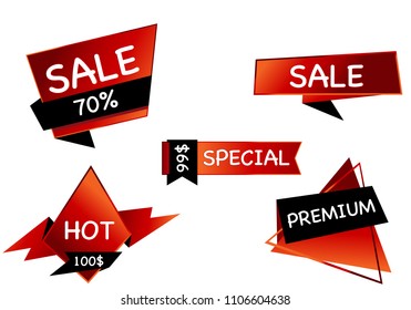 Summer sale set isolated vector ribbon red black gradient color on white background. Special discount banner modern icon offer label illustration. Sticker price off tag for flyer, poster, web 