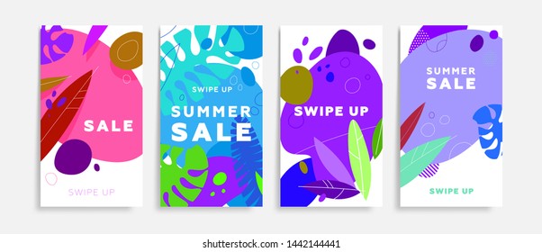 Summer sale set for social media promotion with swipe up text, palm leaves and liquid fluid flow for trendy design. Eps10 vector illustration