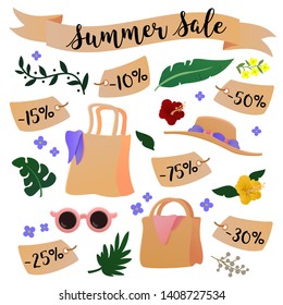 Summer Sale Set. Vector Isolated Graphic Design Illustrations. Shopping items, bags, hat, glasses, price tags. Natural, botanical, floral elements. Flowers, leaves, fern, lianas. Discount, sale, offer