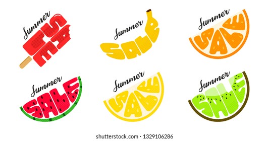 Summer sale set of vector sign doodle illustration. Design element for decorating a 
beach shop, menu or leaflet. Fruit, ice cream, cocktail, watermelon, banana, orange, lemon, kiwi.