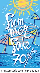 Summer Sale seventy percent discount. Seasonal poster with sun, sea and beach. Vector illustration.   
