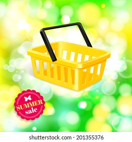 Summer sale shining background  with photorealistic yellow shopping basket, place for text and blurred bokeh lights. Vector illustration.