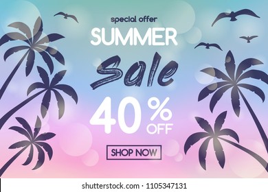 Summer Sale - shiny poster with palms and seagulls. Vector.