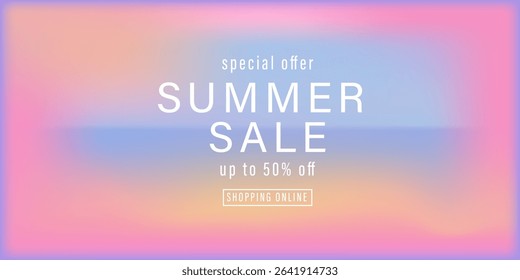Summer sale shop banner. Soft pastel gradient in blue, yellow, pink, violet shades. Abstract summer background, wallpaper. Blurred minimal landscape.