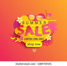 Summer Sale, shop now banner,season discount poster with tropical leaves,sunglasses.Invitation for online and ofline limited time shopping. Template for design,label,advertising badge,flyer. Vector