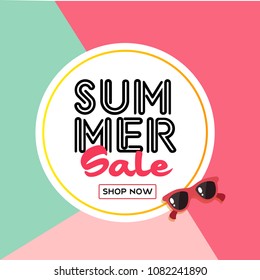 Summer Sale Shop Now Sunglasses Circle Frame Colorful Background Vector Image
