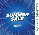 Summer Sale Shopping Banner or Poster Design with 3D text and a Blast Effect on a blue background. The Banner can be used for social media posts, website promotions, and Campaigns.