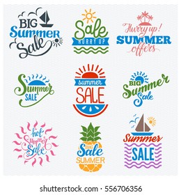 Summer Sale Shopping Logo Badge Vector Set. Store Summertime Blue Original Flat Line Style Logotypes