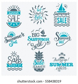 Summer Sale Shopping Logo Badge Vector Set. Store Summertime Blue Original Flat Line Style Logotypes