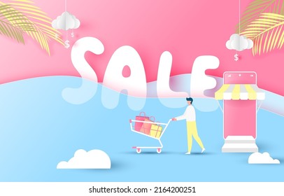 Summer Sale shopping. man pushing shopping cart. sea, cloud, pink background. paper cut and craft style. vector art and illustration.  