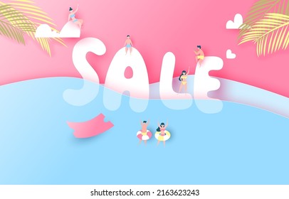 Summer Sale shopping. people, swimming costume, woman, man, sea, cloud, pink background. paper cut and craft style. vector art and illustration.  