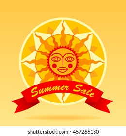 Summer sale sign with cartoon decorative sun and red ribbon. Vector Illustration