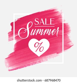 Summer Sale sign with a heart over watercolor art brush stroke paint abstract background vector illustration. Perfect acrylic design for a shop and sale banners.