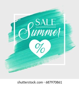 Summer Sale sign with a heart over watercolor art brush stroke paint abstract background vector illustration. Perfect acrylic design for a shop and sale banners.