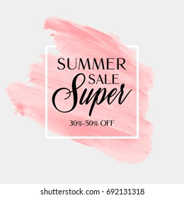 Summer Sale sign over watercolor art brush stroke paint abstract background vector illustration. Perfect acrylic design for a shop and sale banners.