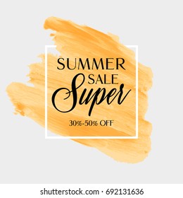 Summer Sale sign over watercolor art brush stroke paint abstract background vector illustration. Perfect acrylic design for a shop and sale banners.