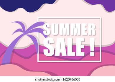Summer sale sign and pink tone paper cut background.