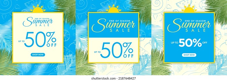 Summer Sale Signs on blue and cream background with tropical hand drawn summer elements and sunlight. Summer Sale Typography. Editable Vector Illustration. EPS 10.