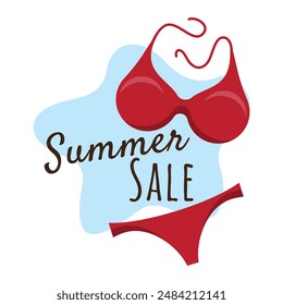 Summer Sale. Simple vector illustration of a red swimsuit and promotional offer. Image for banner, poster, advertisement, offer