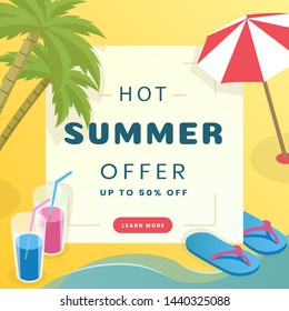 Summer sale social media banner template. Tropical resort, tourist agency advertising poster concept. Palm trees, flip flops, umbrella and cocktails flat vector illustration with typography