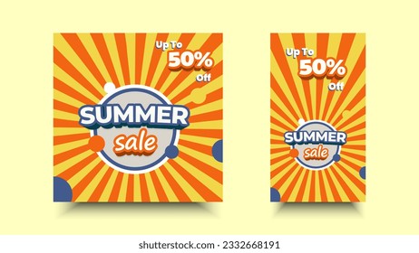 Summer sale social media post. Template design for promotion with illustration of sunburst and bold lettering.