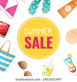 Summer sale social media post template. Banner, poster with summer elements sunscreen, sunglasses, shell, lemonade, cocktail, swimsuit, watermelon