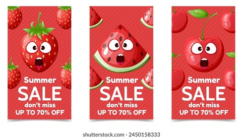 Summer sale social media stories template set with strawberry , cherry and watermelon.  Banner with cartoon berries collection