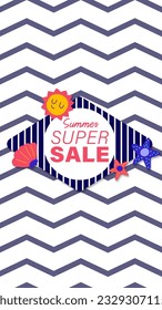 Summer sale social media story.  Vertical template post for reel promotion content.